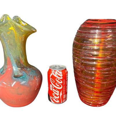 Sale Photo Thumbnail #291: Includes an Eastern vase with raised design, and a Blenko style amberina art glass vase. Total of two pieces. No obvious chips or cracks. Measurement of tallest: 11”H. [SR]