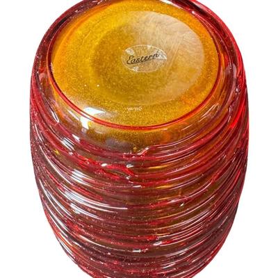 Sale Photo Thumbnail #293: Includes an Eastern vase with raised design, and a Blenko style amberina art glass vase. Total of two pieces. No obvious chips or cracks. Measurement of tallest: 11”H. [SR]