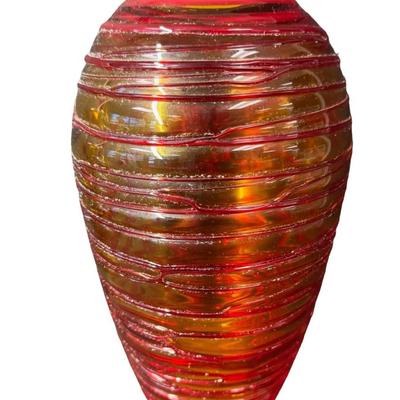Sale Photo Thumbnail #292: Includes an Eastern vase with raised design, and a Blenko style amberina art glass vase. Total of two pieces. No obvious chips or cracks. Measurement of tallest: 11”H. [SR]