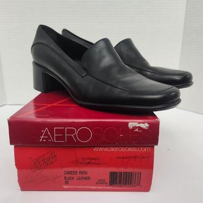 Aerosoles Career Path Black Leather Slip On Heeled Loafers Women Size 8B Classic Work Shoes