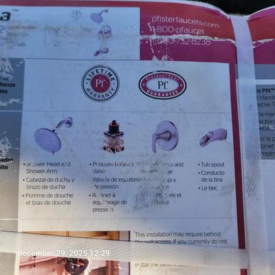 Sale Photo Thumbnail #162: Single handle. shower head, pressure balance valve, handle and flange and tub spout. New but box shows signs of storage wear