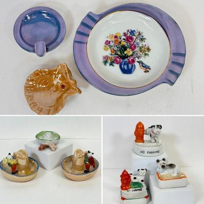 LOT 17: Vintage Japanese Porcelain Dog Ash Trays, Lusterware Pieces & More