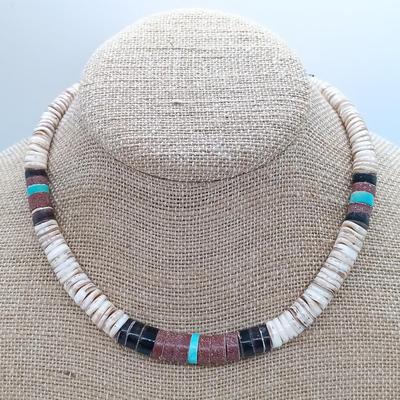 LOT 21: Vintage Native American Shell Necklace with Carved Mother of Pearl Statement Necklace- from estate of a Native American Jewelry...