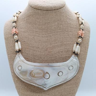 LOT 21: Vintage Native American Shell Necklace with Carved Mother of Pearl Statement Necklace- from estate of a Native American Jewelry...