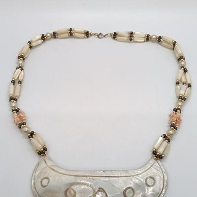 LOT 21: Vintage Native American Shell Necklace with Carved Mother of Pearl Statement Necklace- from estate of a Native American Jewelry...