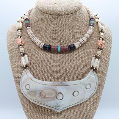 LOT 21: Vintage Native American Shell Necklace with Carved Mother of Pearl Statement Necklace- from estate of a Native American Jewelry...