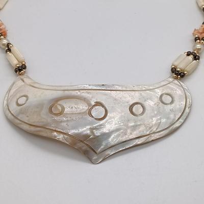 LOT 21: Vintage Native American Shell Necklace with Carved Mother of Pearl Statement Necklace- from estate of a Native American Jewelry...