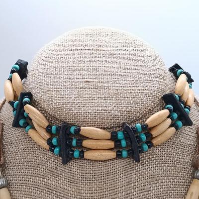LOT 22: Vintage Bone and Leather Beaded Necklace, Turquoise Heishi Bead Necklace & More- from estate of a Native American Jewelry...