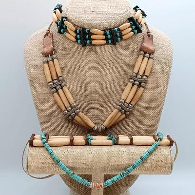LOT 22: Vintage Bone and Leather Beaded Necklace, Turquoise Heishi Bead Necklace & More- from estate of a Native American Jewelry...
