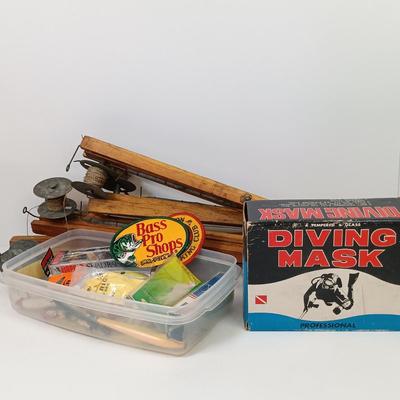 LOT 28: Vintage Ice Fishing Tip Ups with NIB Pantoskope Diving Mask, Fishing Lures & More