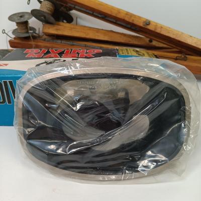 LOT 28: Vintage Ice Fishing Tip Ups with NIB Pantoskope Diving Mask, Fishing Lures & More