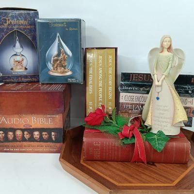 LOT 39: The World of Promise Audio Bible, Inlaid Wood Religious Tray, Fontanini Three Kings Ornaments & More