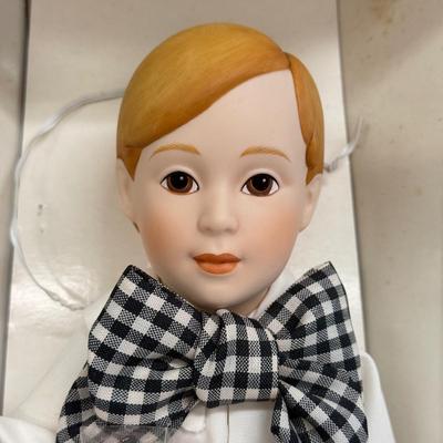 LOT 42: The Country Store Franklin Heirloom Porcelain Dolls: Barley Boy & Sewing Thread Girl