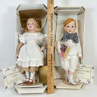 LOT 42: The Country Store Franklin Heirloom Porcelain Dolls: Barley Boy & Sewing Thread Girl