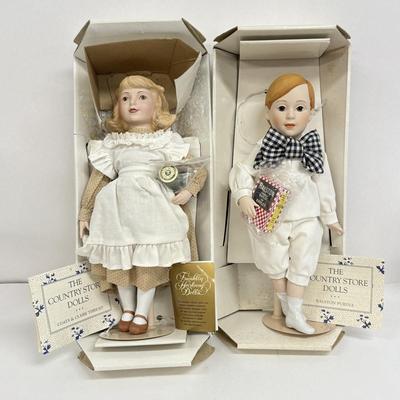 LOT 42: The Country Store Franklin Heirloom Porcelain Dolls: Barley Boy & Sewing Thread Girl