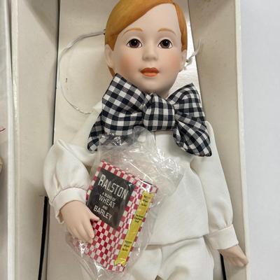 LOT 42: The Country Store Franklin Heirloom Porcelain Dolls: Barley Boy & Sewing Thread Girl