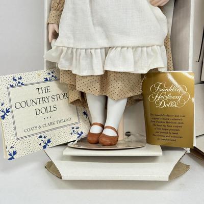 LOT 42: The Country Store Franklin Heirloom Porcelain Dolls: Barley Boy & Sewing Thread Girl