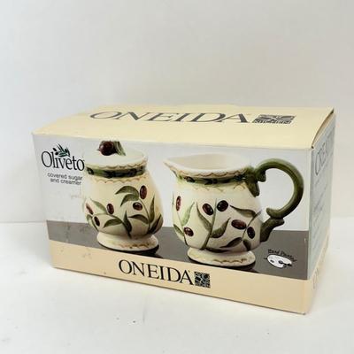 LOT 50: Linea Classe 12pc Coffee Cup Set in Box & NIP Oneida Oliveto Sugar Bowl & Creamer Set