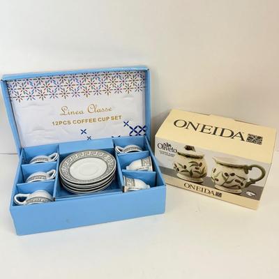 LOT 50: Linea Classe 12pc Coffee Cup Set in Box & NIP Oneida Oliveto Sugar Bowl & Creamer Set