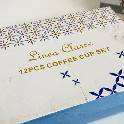 LOT 50: Linea Classe 12pc Coffee Cup Set in Box & NIP Oneida Oliveto Sugar Bowl & Creamer Set