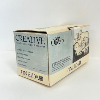 LOT 50: Linea Classe 12pc Coffee Cup Set in Box & NIP Oneida Oliveto Sugar Bowl & Creamer Set
