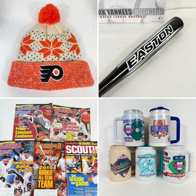 LOT 59: Sports Collectibles: Women's Flyers Beanie, NHL Draft 2014 Glasses, Easton Baseball Bat & More