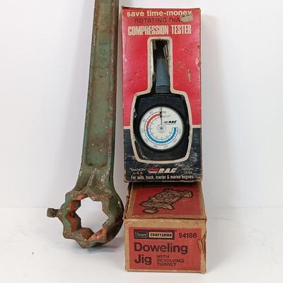 LOT 62: Vintage 94186 Sears Doweling Jig, RAC Compression Tester & Water Valve Wrench