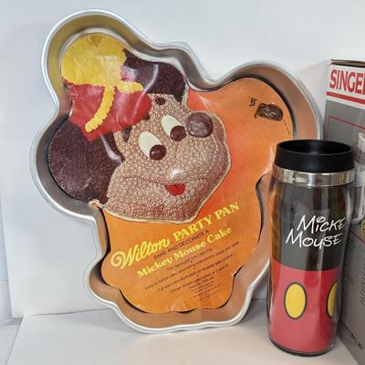 LOT 81: Mickey Mouse Vintage Cake Pan, NIB Singer Juice Giant, Cookie Mold & Mickey Mouse Travel Mug