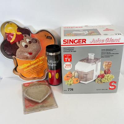 LOT 81: Mickey Mouse Vintage Cake Pan, NIB Singer Juice Giant, Cookie Mold & Mickey Mouse Travel Mug