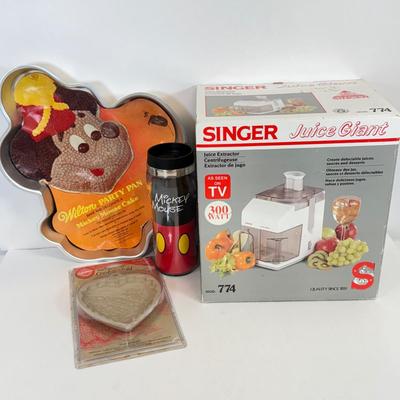 LOT 81: Mickey Mouse Vintage Cake Pan, NIB Singer Juice Giant, Cookie Mold & Mickey Mouse Travel Mug