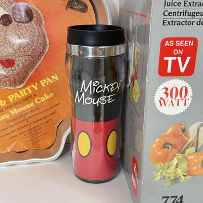 LOT 81: Mickey Mouse Vintage Cake Pan, NIB Singer Juice Giant, Cookie Mold & Mickey Mouse Travel Mug