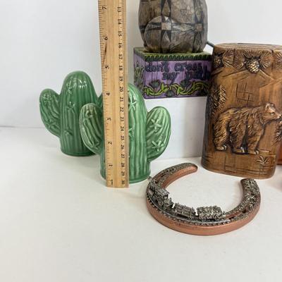 LOT 83: Jim Shore Grumpy Cat Figurine, Southwest Salt & Pepper Shakers, Bear Coin Bank & Mini Train on Horseshoe