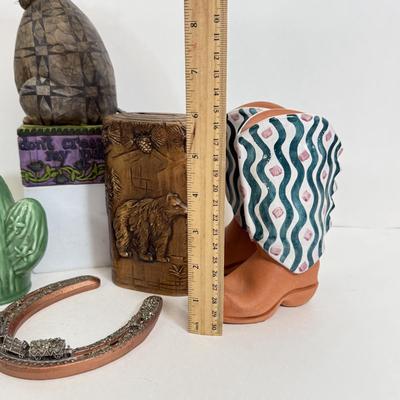 LOT 83: Jim Shore Grumpy Cat Figurine, Southwest Salt & Pepper Shakers, Bear Coin Bank & Mini Train on Horseshoe