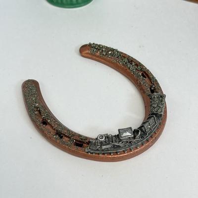 LOT 83: Jim Shore Grumpy Cat Figurine, Southwest Salt & Pepper Shakers, Bear Coin Bank & Mini Train on Horseshoe