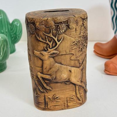 LOT 83: Jim Shore Grumpy Cat Figurine, Southwest Salt & Pepper Shakers, Bear Coin Bank & Mini Train on Horseshoe