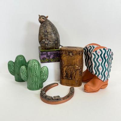 LOT 83: Jim Shore Grumpy Cat Figurine, Southwest Salt & Pepper Shakers, Bear Coin Bank & Mini Train on Horseshoe