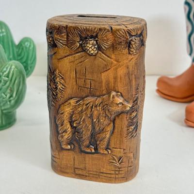 LOT 83: Jim Shore Grumpy Cat Figurine, Southwest Salt & Pepper Shakers, Bear Coin Bank & Mini Train on Horseshoe