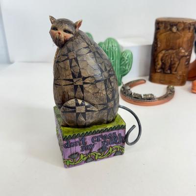 LOT 83: Jim Shore Grumpy Cat Figurine, Southwest Salt & Pepper Shakers, Bear Coin Bank & Mini Train on Horseshoe