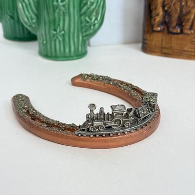 LOT 83: Jim Shore Grumpy Cat Figurine, Southwest Salt & Pepper Shakers, Bear Coin Bank & Mini Train on Horseshoe