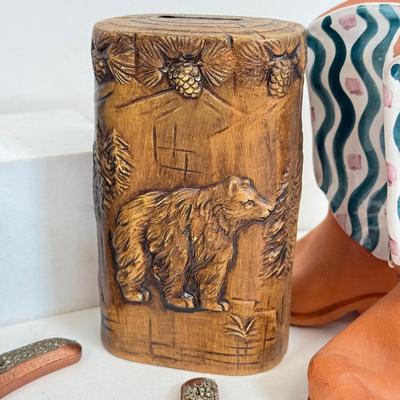 LOT 83: Jim Shore Grumpy Cat Figurine, Southwest Salt & Pepper Shakers, Bear Coin Bank & Mini Train on Horseshoe