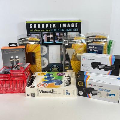 LOT 85: Office Collection: Sharper Image LED Puck Light Set, NIP Wires and Cords, Visual J++ & Toner