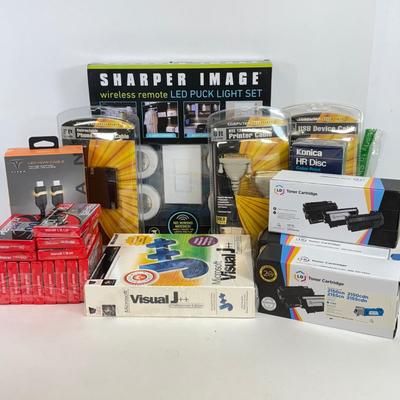 LOT 85: Office Collection: Sharper Image LED Puck Light Set, NIP Wires and Cords, Visual J++ & Toner