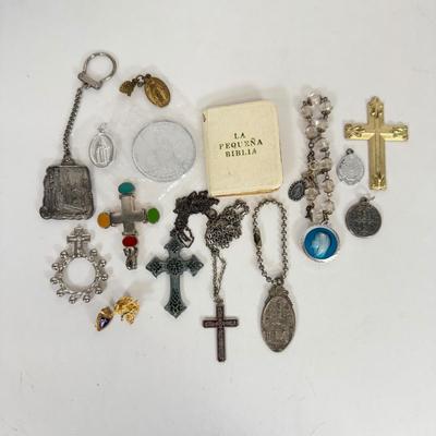 LOT 129: Religious Jewelry, Crosses, Pope Coin & More