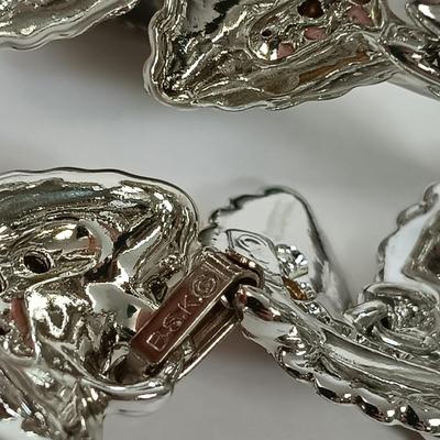 LOT 147: Vintage BSK Pink Rhinestone Bracelet, Hammered Silver-Tone Oval Earrings, Aurora Borealis Crystal Bead Necklace & More