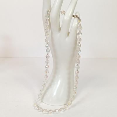 LOT 147: Vintage BSK Pink Rhinestone Bracelet, Hammered Silver-Tone Oval Earrings, Aurora Borealis Crystal Bead Necklace & More