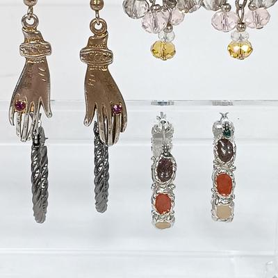 LOT 147: Vintage BSK Pink Rhinestone Bracelet, Hammered Silver-Tone Oval Earrings, Aurora Borealis Crystal Bead Necklace & More