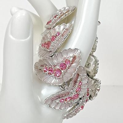 LOT 147: Vintage BSK Pink Rhinestone Bracelet, Hammered Silver-Tone Oval Earrings, Aurora Borealis Crystal Bead Necklace & More