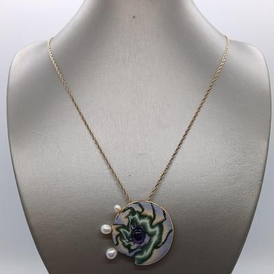 LOT 150: Antique Handpainted Porcelain Brooch, Artisan Brooch Pendant on Avon Chain & Vintage Costume Brooches