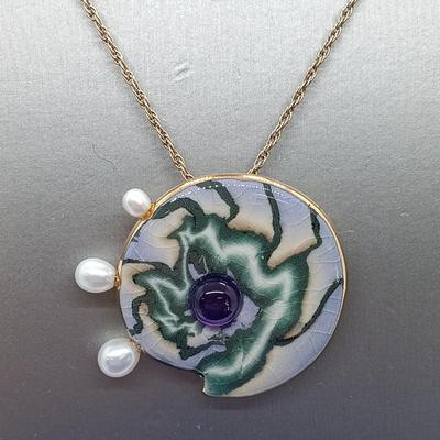 LOT 150: Antique Handpainted Porcelain Brooch, Artisan Brooch Pendant on Avon Chain & Vintage Costume Brooches