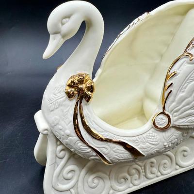 Sale Photo Thumbnail #605: Bisque ceramic with golden accent, can be used a planter or to hold other Christmas-themed items or even small Christmas cards.  Like-new condition, approx. 6.5" tall.